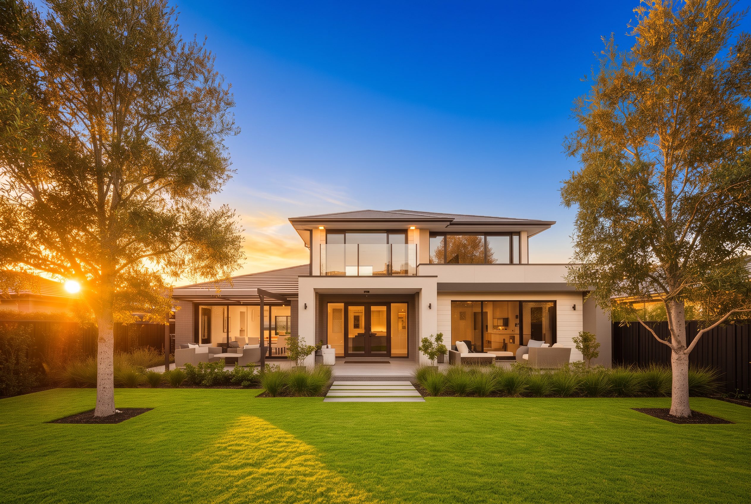 A modern family home with a green lawn at golden hour